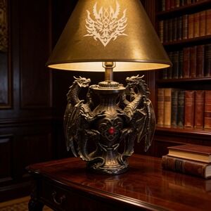 DWK Gothic Twin Dragon Table Lamp Bronze Finish Tribal Shade Fantasy Decor 20"